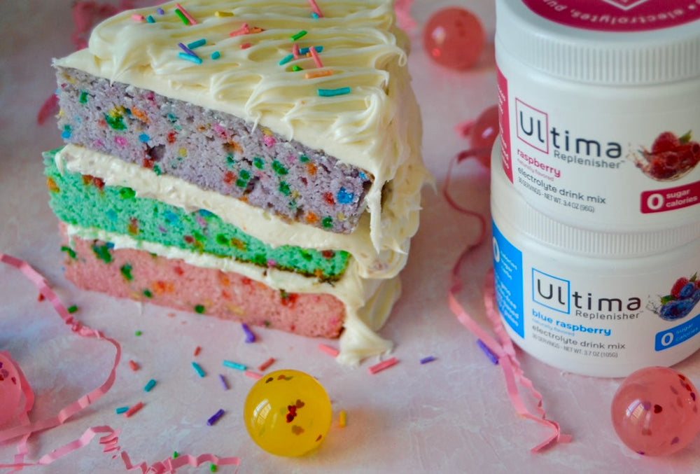 Rainbow cake made with Ultima Replenisher electrolytes powder mix 