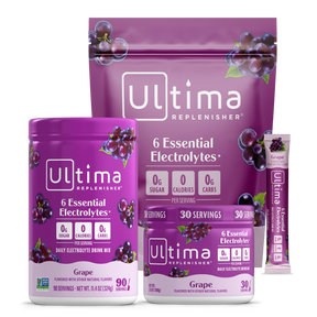 Purple Ultima Replenisher packaging with grape flavor on a white background