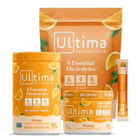 Ultima Replenisher electrolyte drink mix packaging with orange flavor on a white background