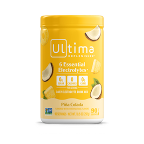 Yellow container of Ultima Replenisher Pina Colada flavor on a white background
