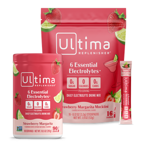 Ultima Replenisher Strawberry Margarita Mocktail drink mix packages on a white background