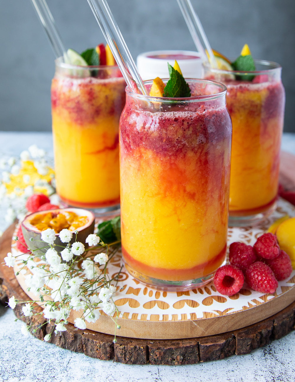Passionfruit Mango & Raspberry Slushy made with Ultima Replenisher Electrolyte Hydration Mix