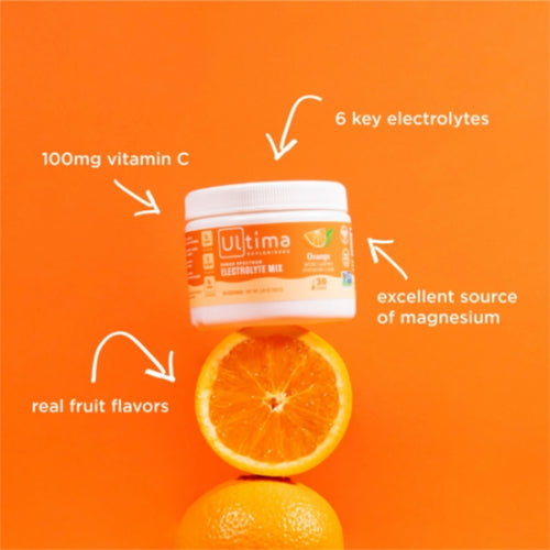 Ultima Replenisher Orange has 6 key electrolytes, 100mg vitamin c, is made with real fruit flavors and an excellent source of magnesium