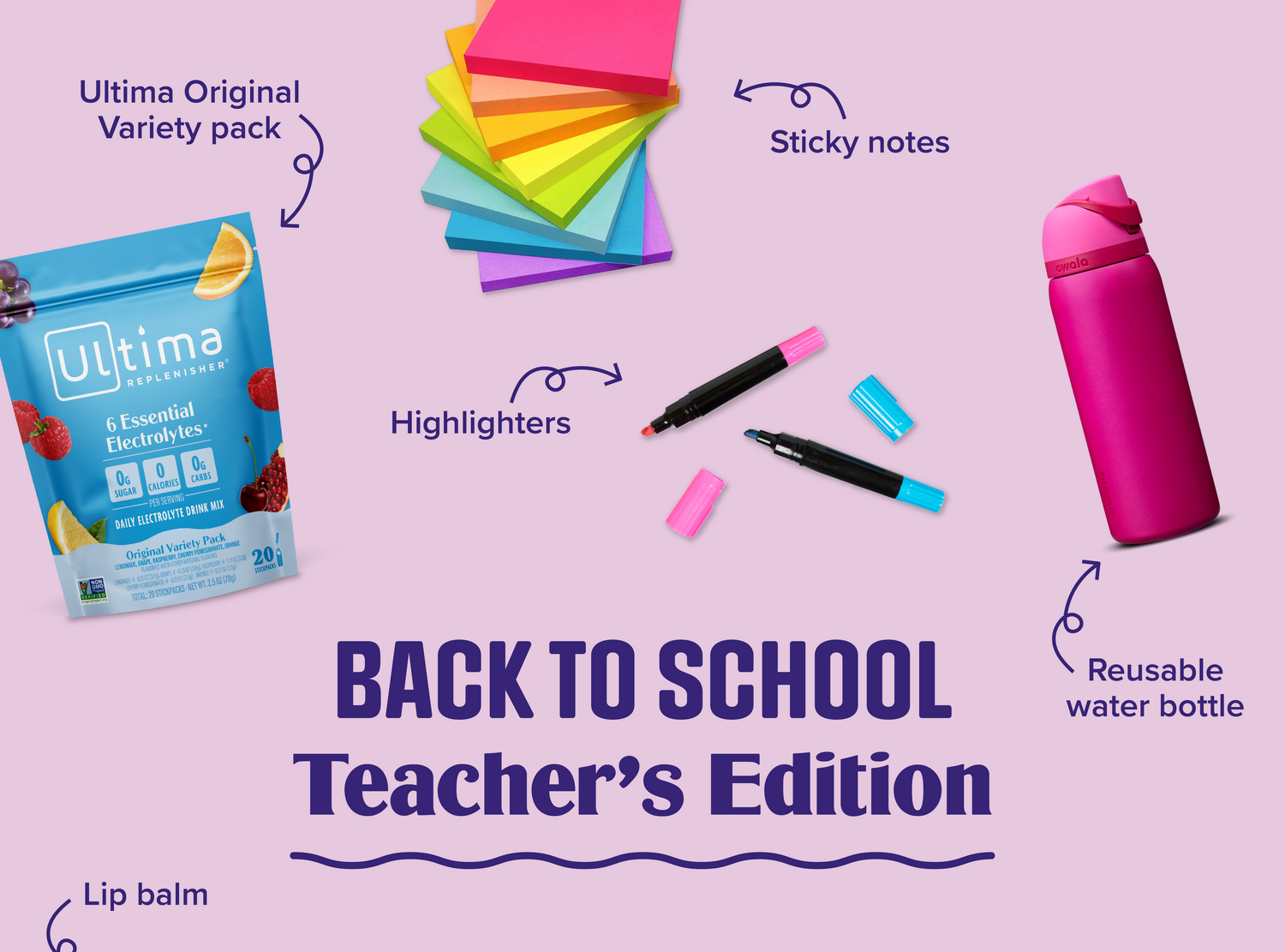A coordinated back-to-school stationery and care bundle arranged on a light lavender background with handwritten-style arrows and labels. Visible items include an Ultimate Original Variety pack, sticky notes, highlighters, a reusable water bottle, lip balm, pens, a planner, and a Daily Focus pouch.