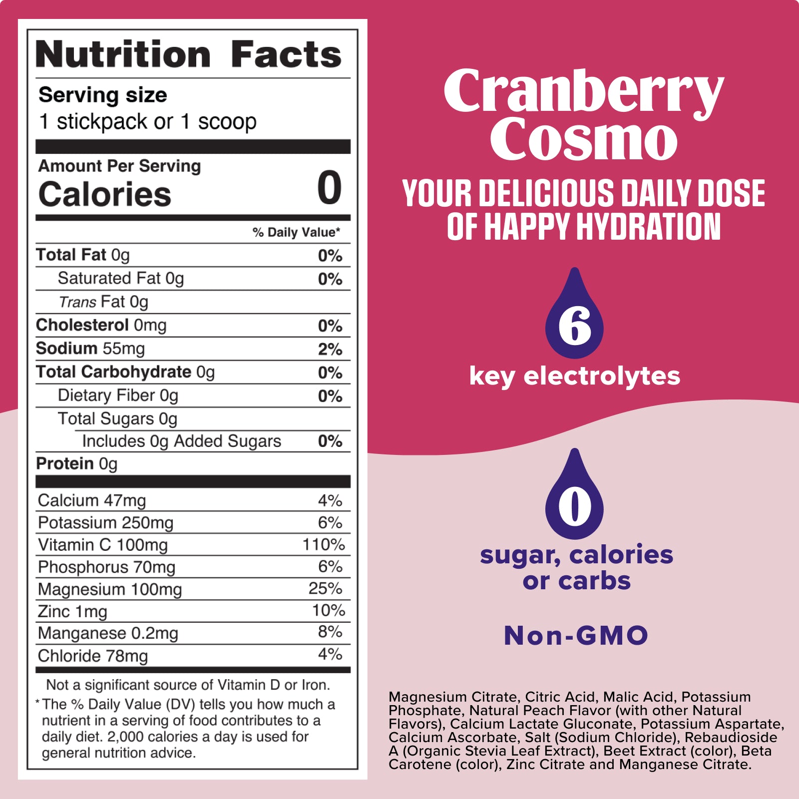 Nutrition facts label and promotional text for Cranberry Cosmo drink mix on a pink background
