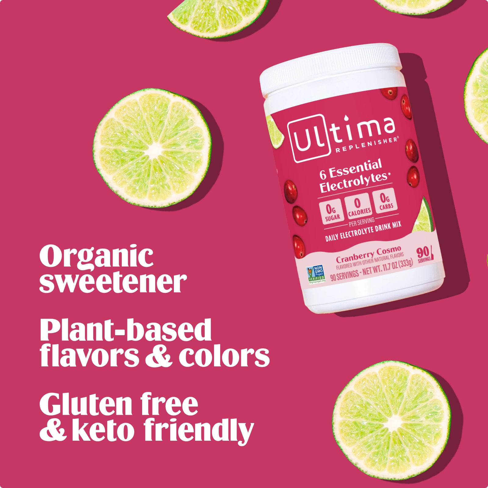 Ultima Replenisher Cranberry Cosmo Mocktini electrolyte hydration powder RTBs with fruit and canister