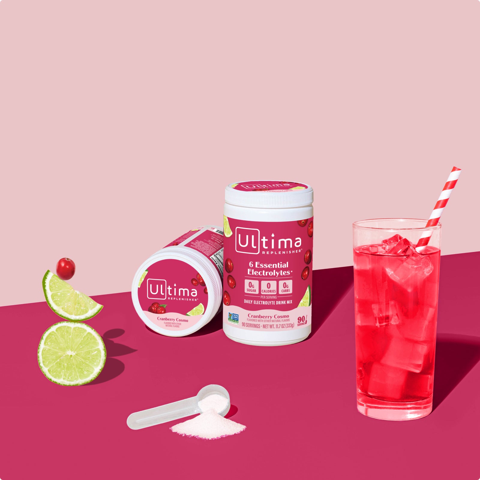 Ultima Replenisher Cranberry Cosmo Mocktini electrolyte hydration powder lifestlye images with 90 canisters, fruit, drink and powder