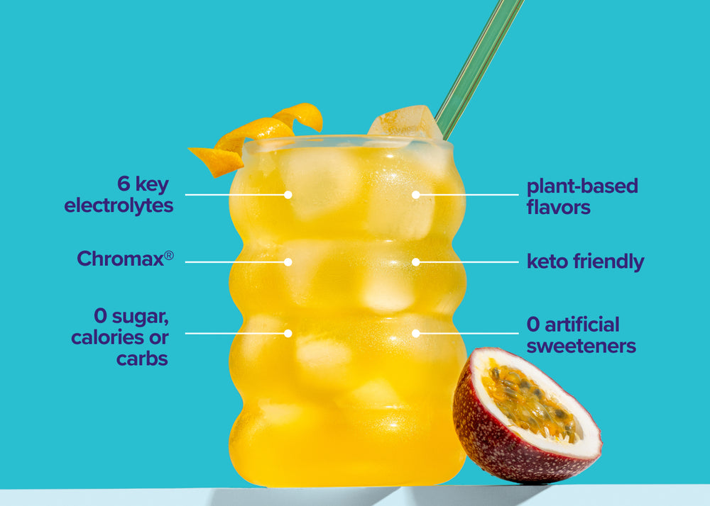 Ultima Replenisher Crave Killer ingredients overlayed on glass with green straw with passionfruit next to the glass.
