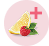 Rasbperry and lemon fruit icons with a plus symbol