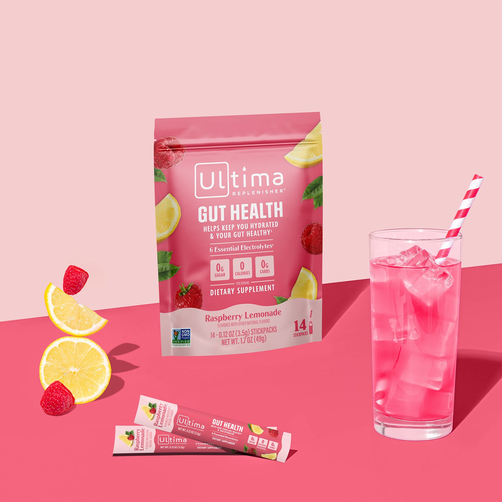 Ultima Replenisher Gut Health Pack electrolyte hydration powder pouch with fruit, drink, stickpacks