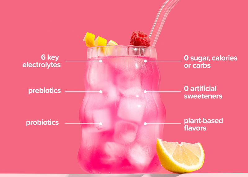 Ultima Replenisher Gut Health electrolyte drink ingredients overlayed on glass. 