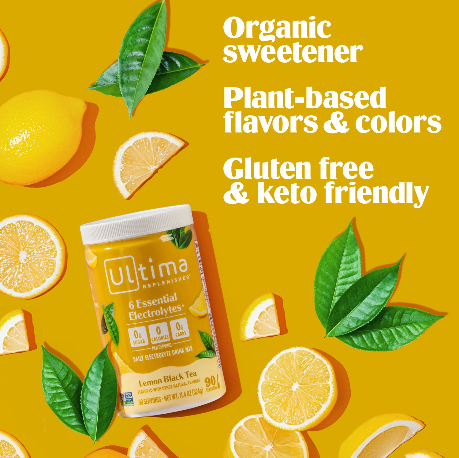 Ultima Replenisher lemon black tea packaging with lemons and green leaves on a yellow background