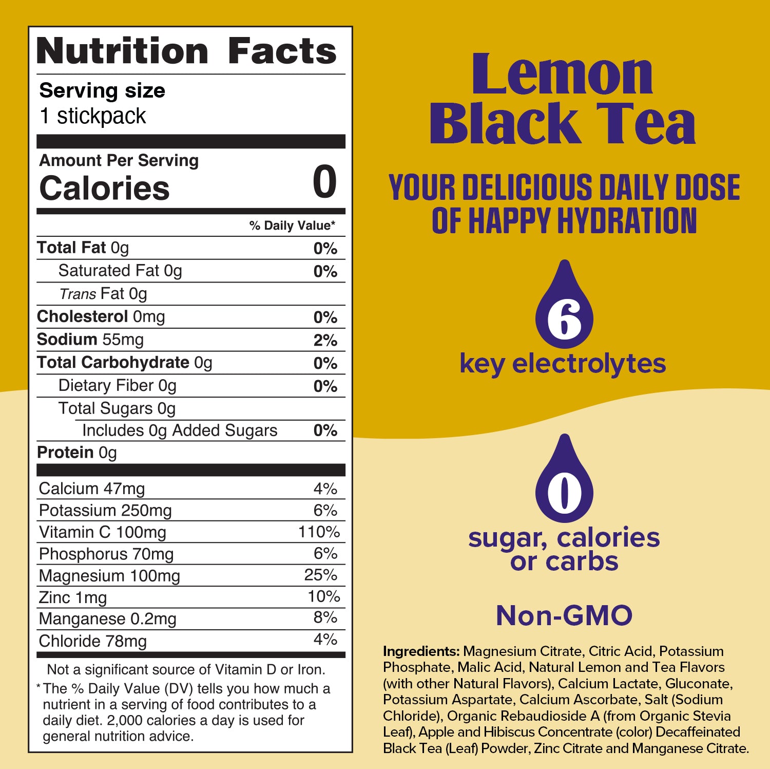 Nutrition facts label for lUltima Lemon black tea on a yellow background