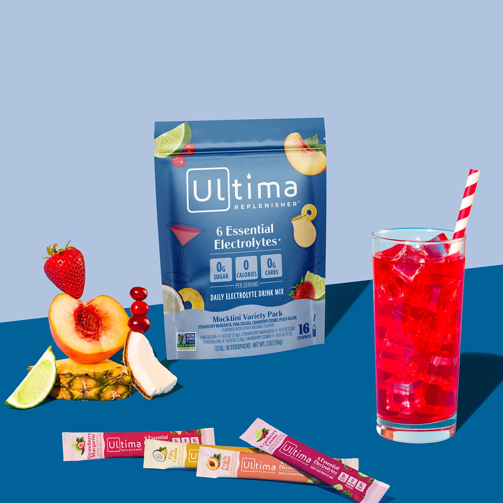 Ultima Replenisher Mocktini Variety Pack electrolyte hydration powder lifestlye images with pouch, fruit, drink and stickpacks