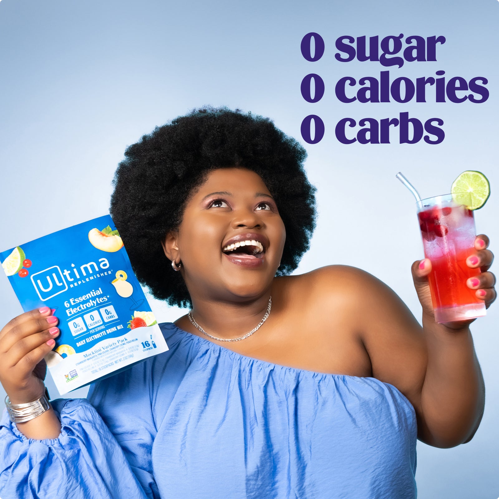 Ultima Replenisher Mocktini Variety Pack electrolyte hydration powder lifestyle with model, pouch, drink and 000