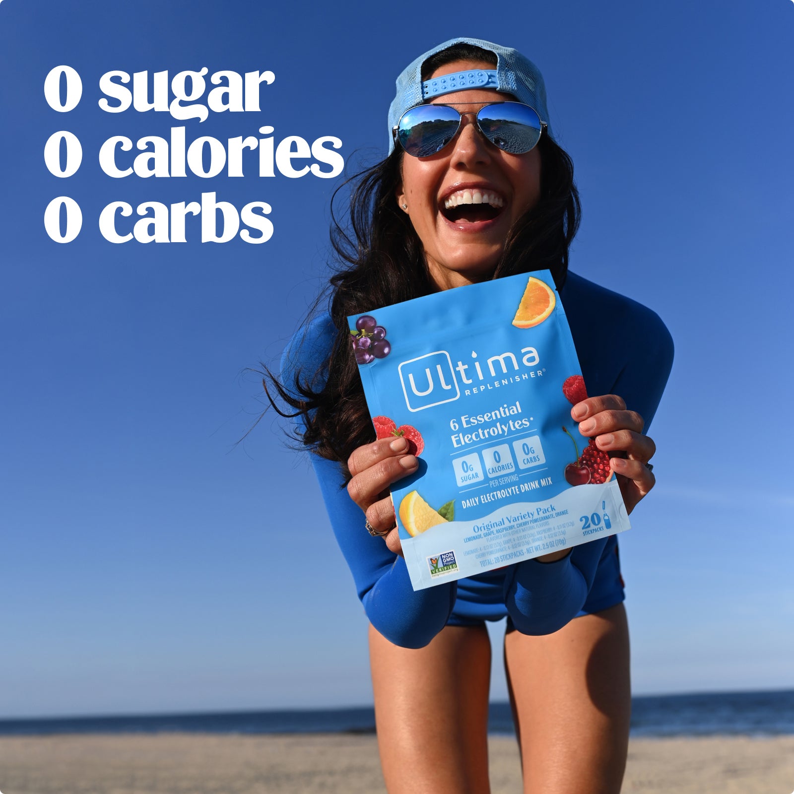 Ultima Replenisher Original Variety Pack electrolyte hydration powder lifestyle with model, pouch and 000