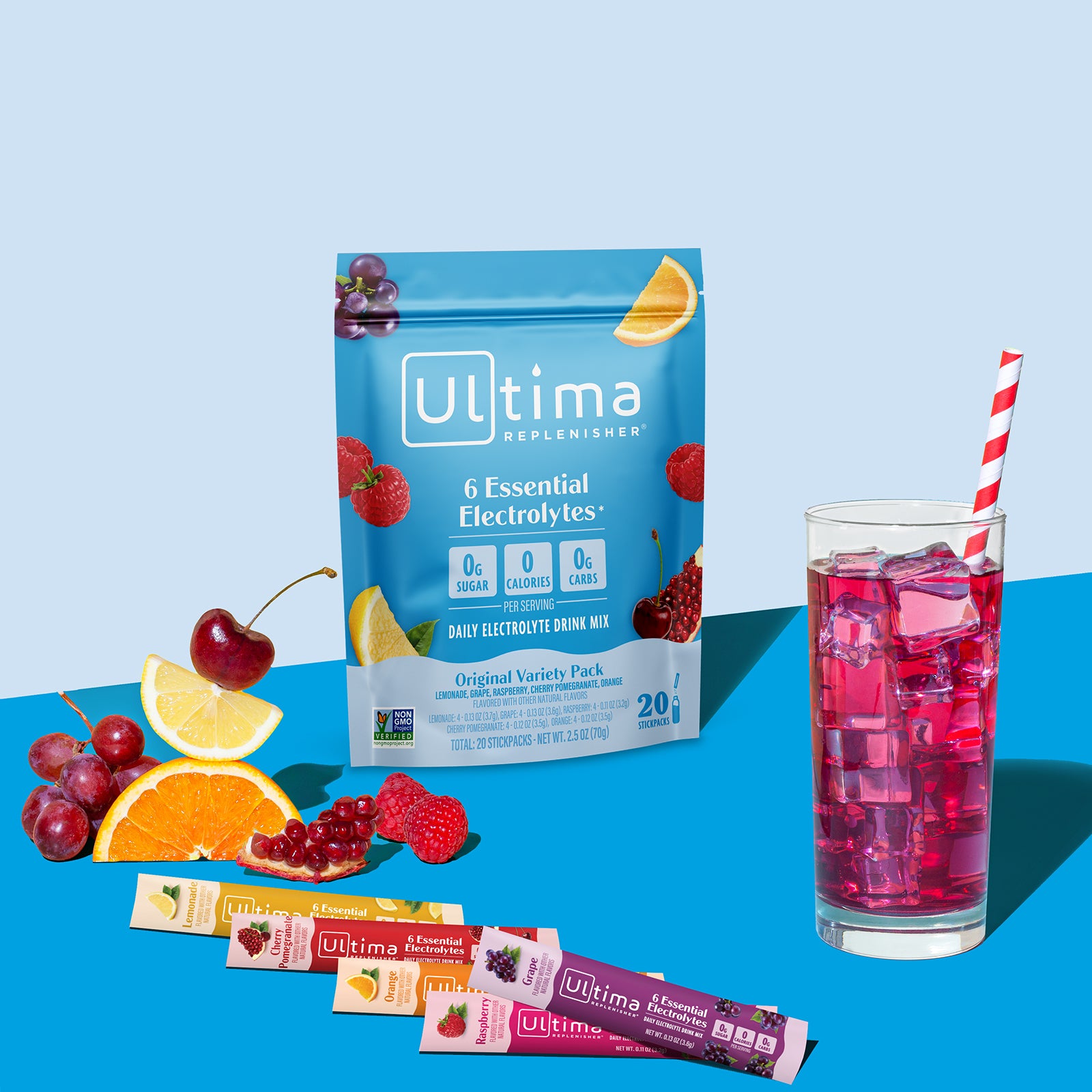 Ultima Replenisher Original Variety Pack electrolyte hydration powder lifestlye images with pouch, fruit, drink and stickpacks