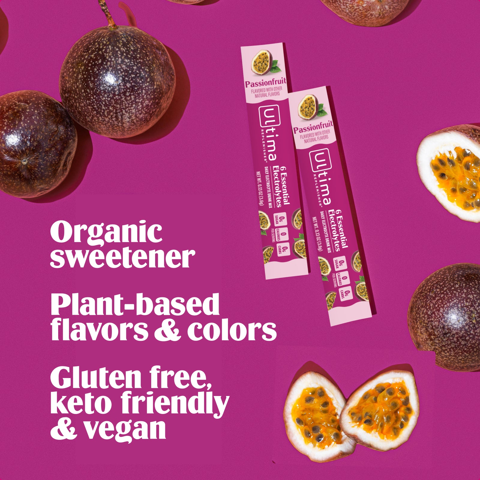 Ultima Replenisher Passionfruit electrolyte hydration powder pouch RTB