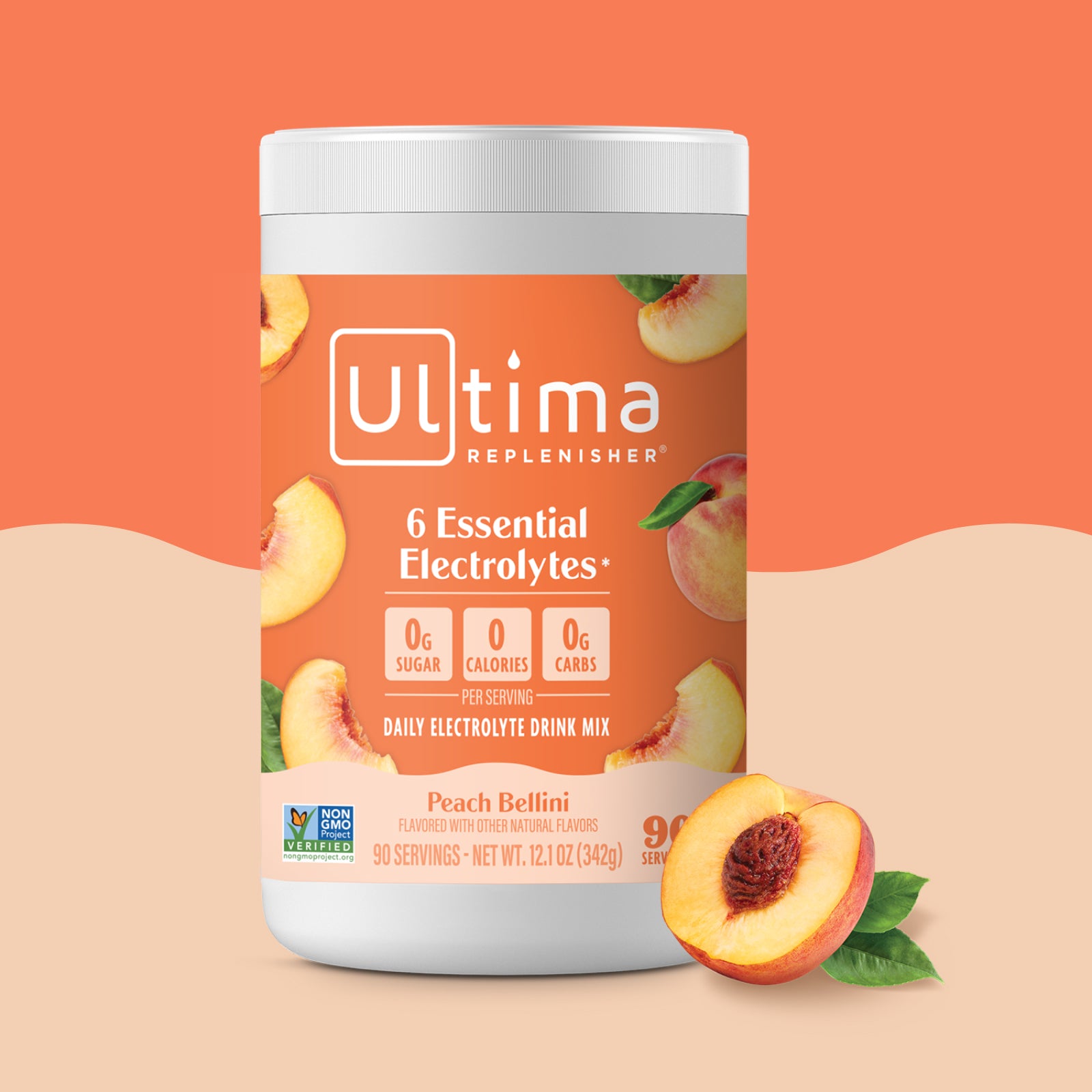 Ultima Replenisher Peach Bellini electrolyte hydration powder 90 serving canister