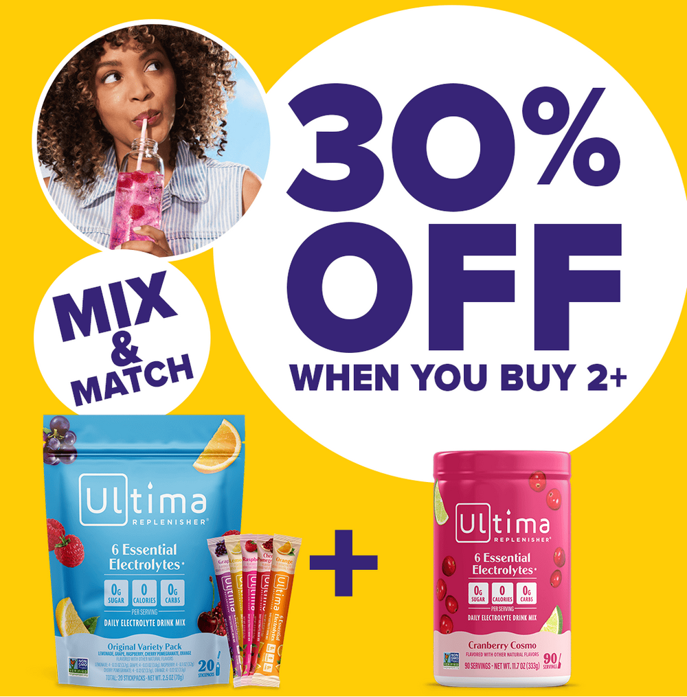 Promotional flyer for Ultima Replenisher showing a 30% off discount when buying 2+ products. The graphic features a woman drinking a pink smoothie in a circular inset, a blue bag of Ultimate Electrolyte Mix Kit, a pink container of Cranberry Gummy Electrolyte Gummies, and several gummy sticks, all set against a bright yellow background.