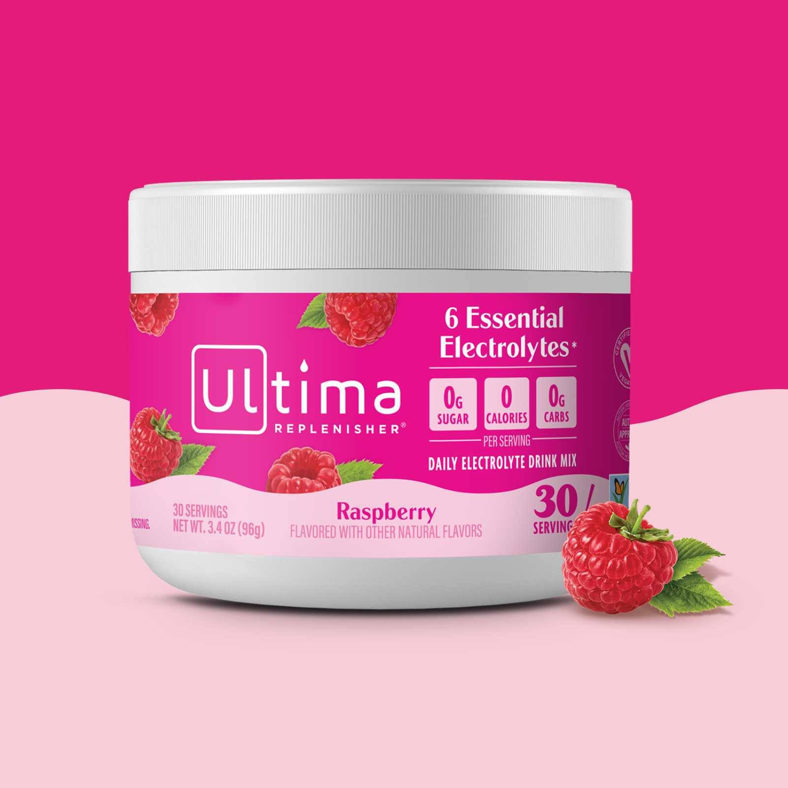 Ultima Replenisher Raspberry electrolyte hydration powder 30 serving canister