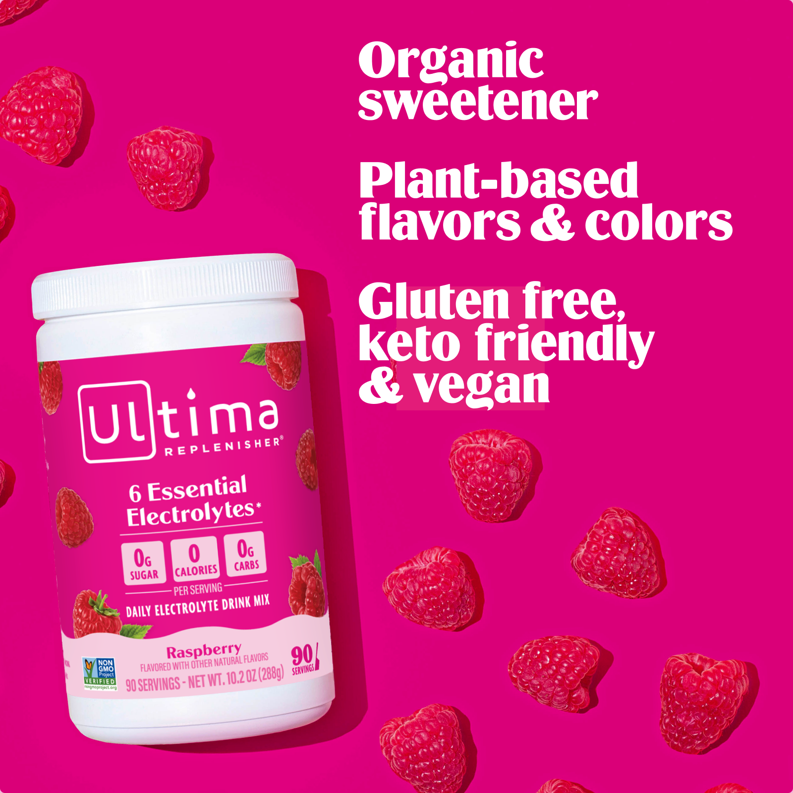 Ultima Replenisher Raspberry electrolyte hydration powder 90 Serving Canister RTB