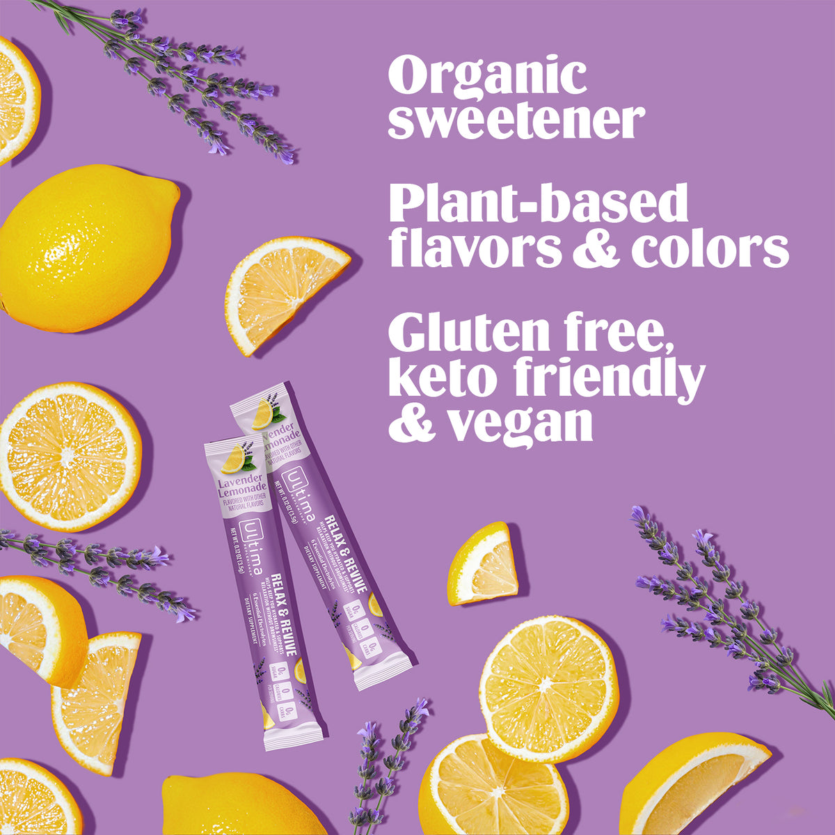 Two purple and white Sweetbites protein sticks on a lavender background with text overlays, surrounded by fresh lemons, lemon slices, and lavender sprigs. Organic sweetener. Plant-based flavors & colors. Gluten free & keto friendly.