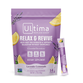 Ultima Replenisher Relax & Revive dietary supplement stand-up pouch in lavender lemonade flavor, shown with a single stick pack on a clean white background.