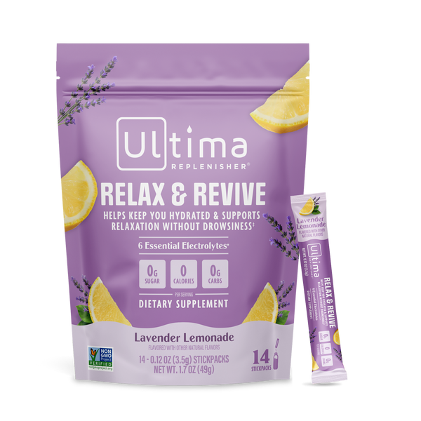 Ultima Replenisher Relax & Revive dietary supplement stand-up pouch in lavender lemonade flavor, shown with a single stick pack on a clean white background.