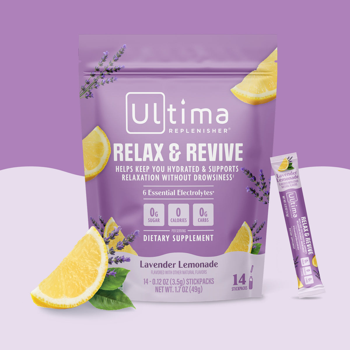 Ultima Replenisher Relax & Revive dietary supplement pouch in lavender lemonade flavor, shown with a single stick pack and lemon slices on a purple and white background.