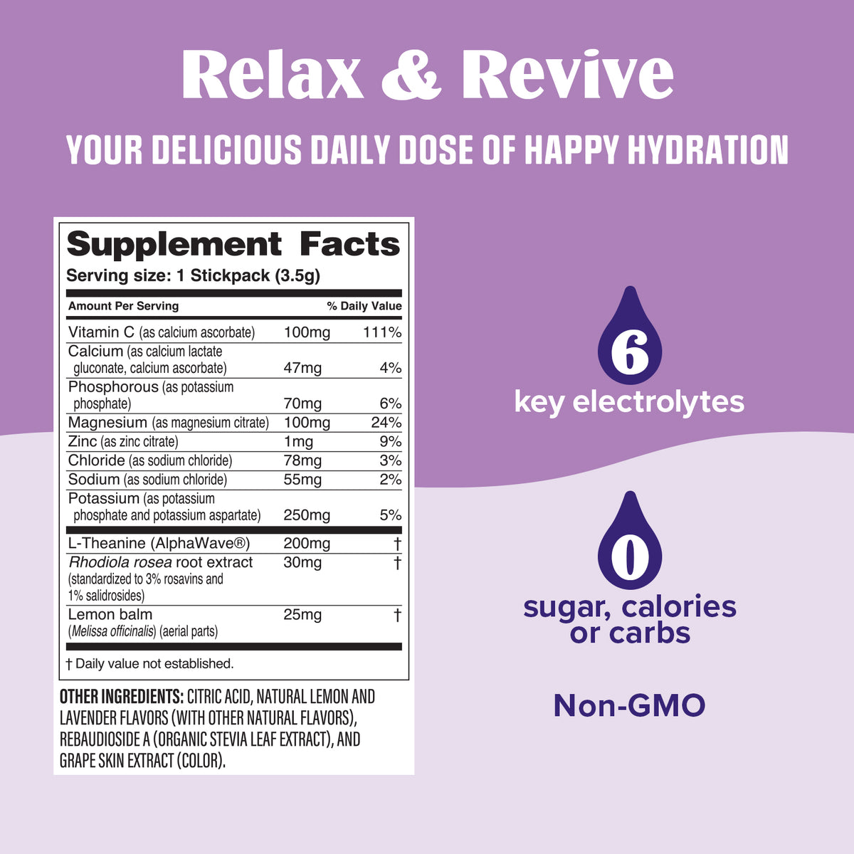 Purple promotional graphic for a supplement stick pack with a Supplement Facts panel, large white text reading 'Relax & Revive' and 'Your Delicious Daily Dose of Happy Hydration,' plus callouts for 6 key electrolytes, 0 sugar/calories/carbs, and Non-GMO.