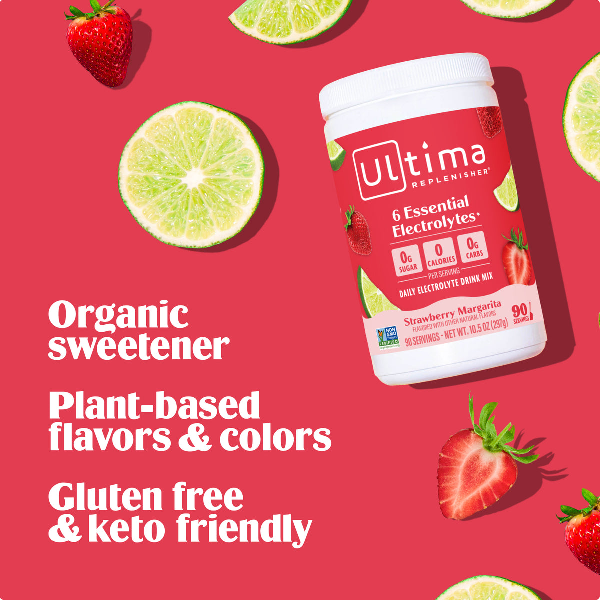 Ultima Replenisher Strawberry Margarita Mocktini electrolyte hydration powder RTBs with fruit and canister

