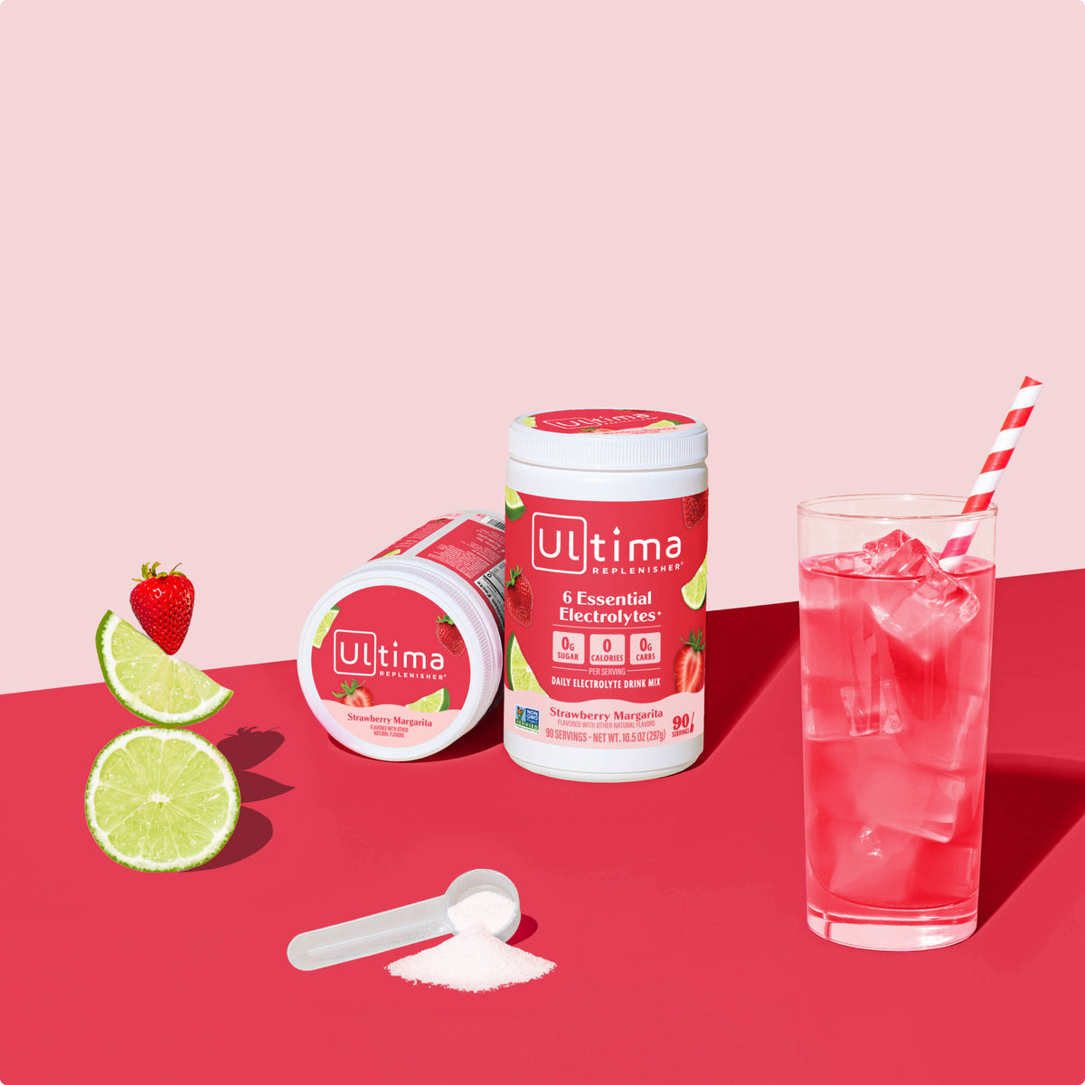 Ultima Replenisher Strawberry Margarita Mocktini electrolyte hydration powder lifestlye images with 90 canisters, fruit, drink and powder.