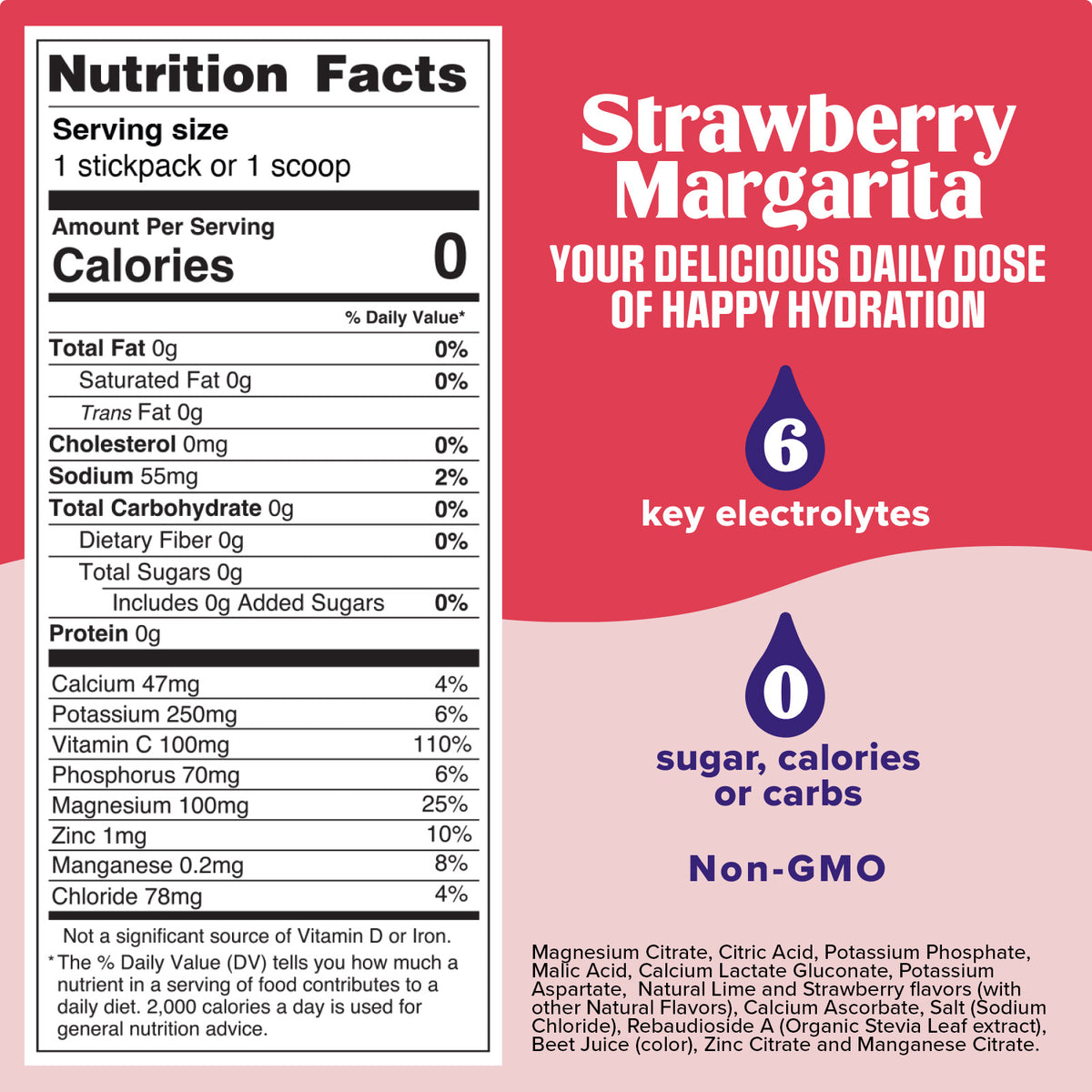Nutrition label for a strawberry margarita product on a red background