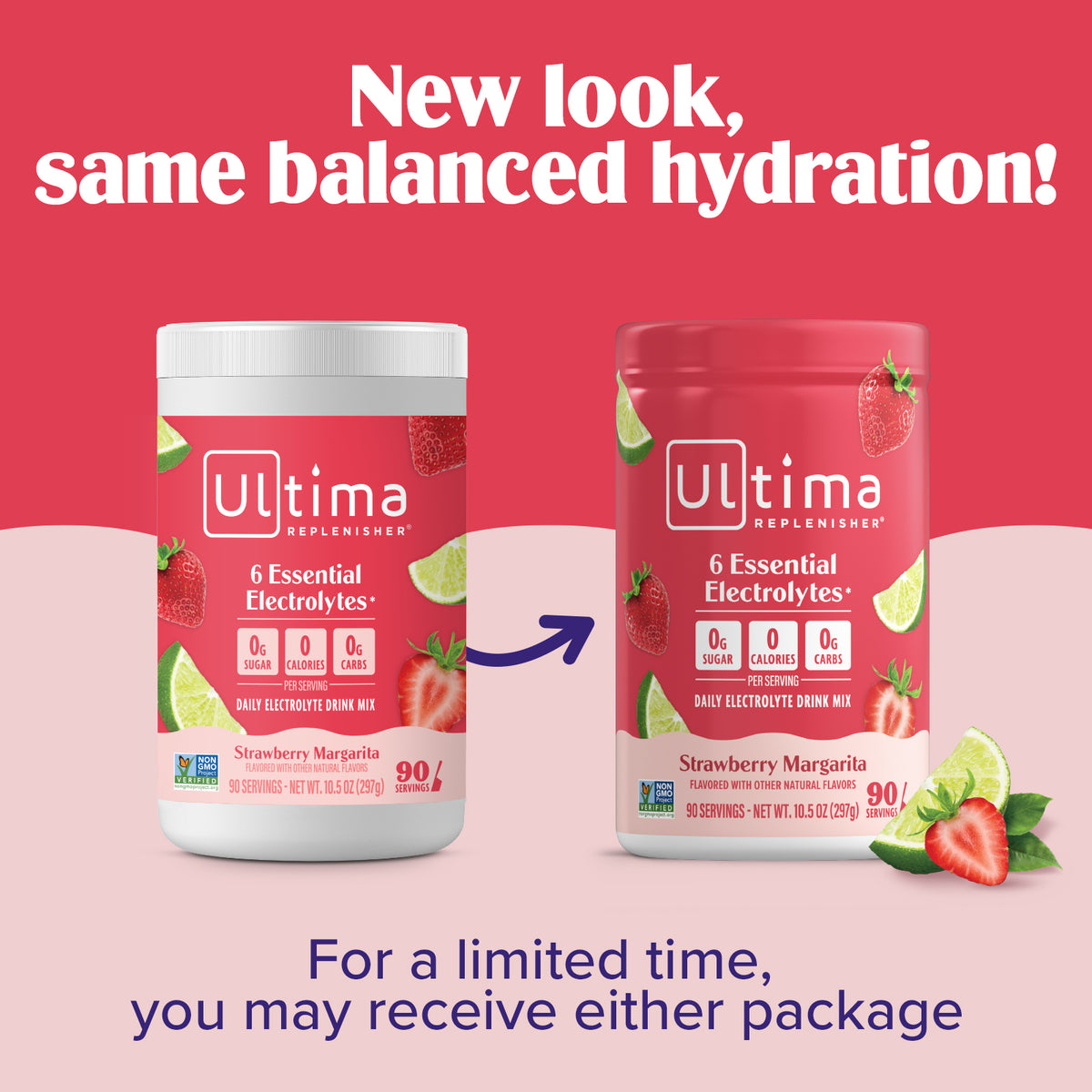 Two containers of Ultima Replenisher Strawberry Margarita flavor on a pink background with new look text.