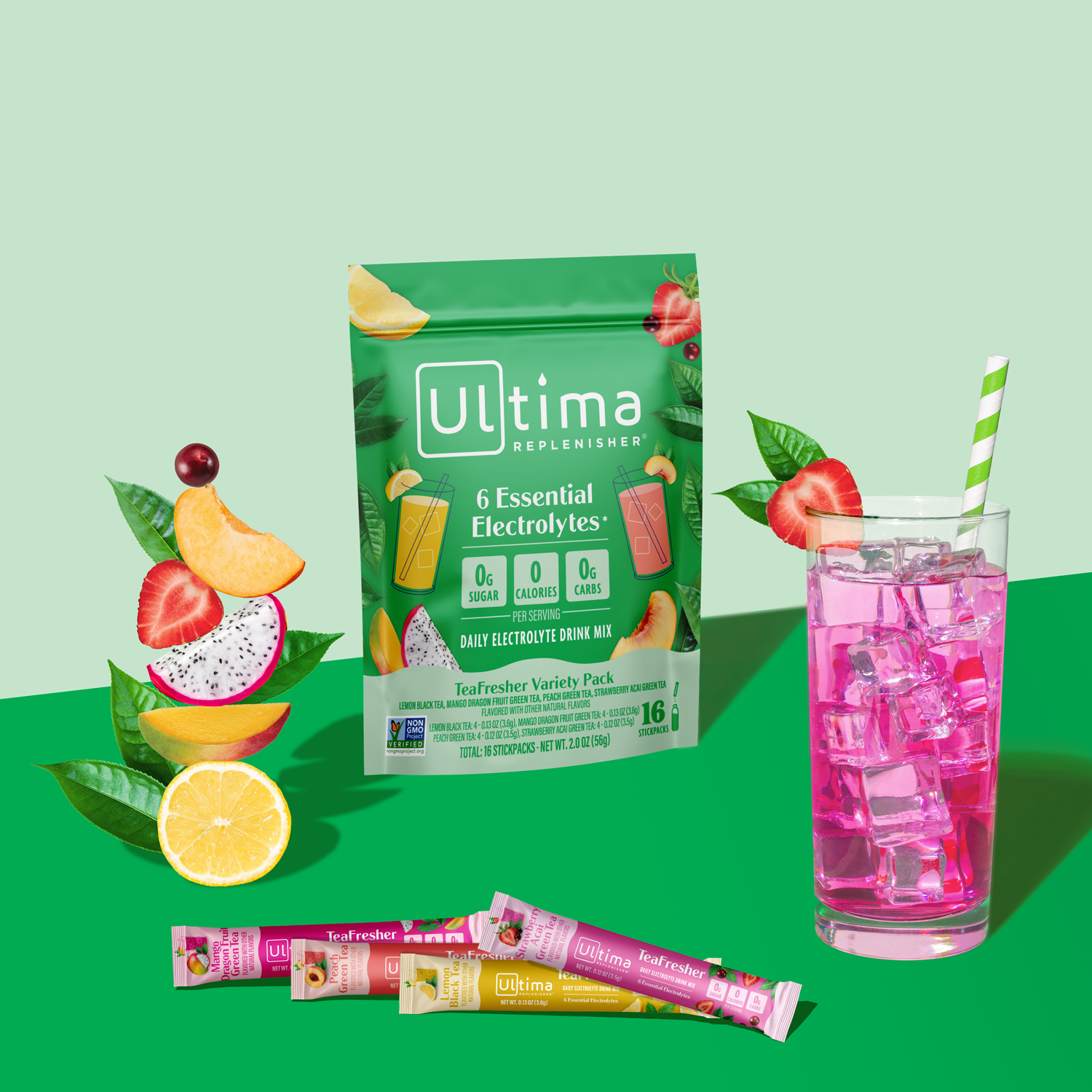 Ultima Replenisher TeaFresher Variety Pack electrolyte hydration powder lifestlye images with pouch, fruit, drink and stickpacks
