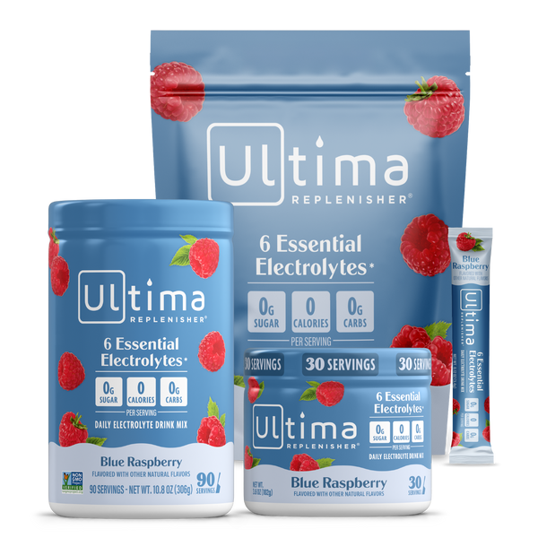 Ultima Replenisher Blue Raspberry drink mix packages on a white background
