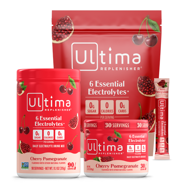 Ultima Replenisher Cherry Pomegranate drink mix packaging on a white background