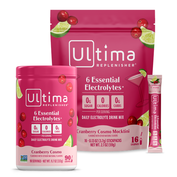 Ultima Replenisher Cranberry Cosmo Mockini drink mix packaging on a white background
