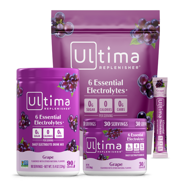 Purple Ultima Replenisher packaging with grape flavor on a white background