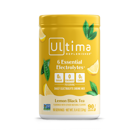 Ultima Replenisher Lemon Black Tea drink mix container on a white background