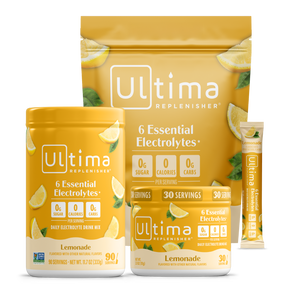 Ultima Replenisher lemonade drink mix packaging on a white background
