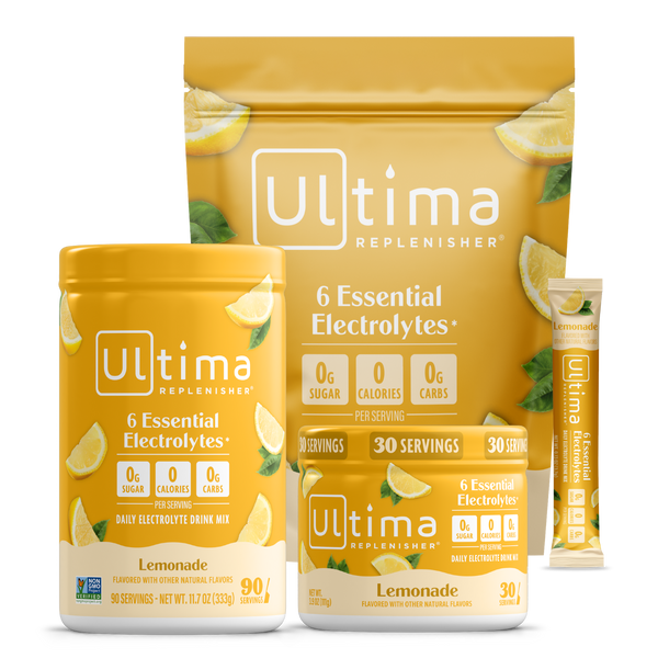 Ultima Replenisher lemonade drink mix packaging on a white background