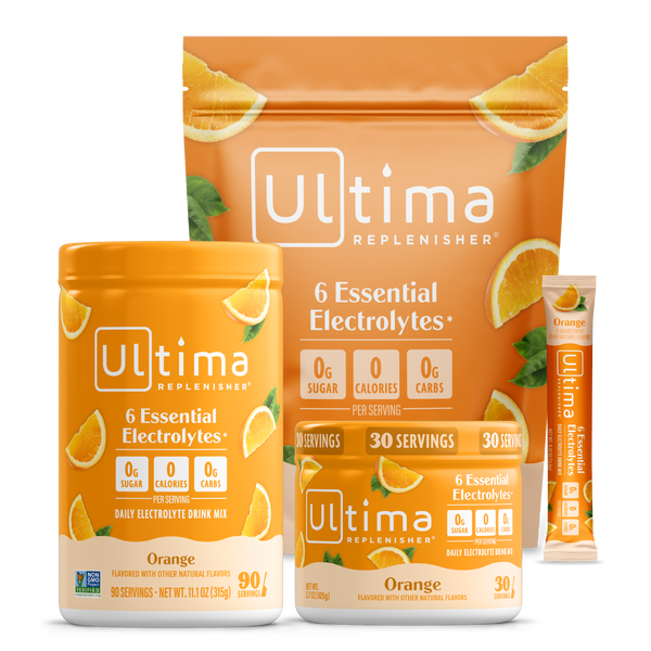 Ultima Replenisher electrolyte drink mix packaging with orange flavor on a white background