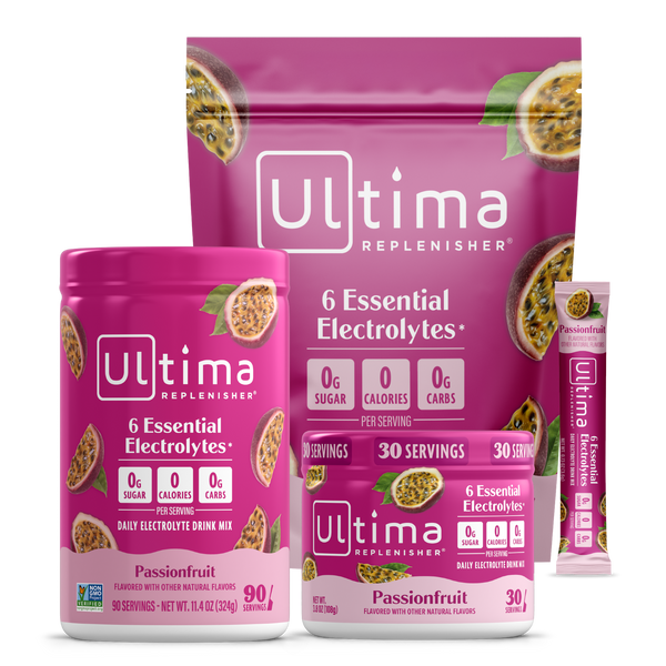 Ultima Replenisher electrolyte drink mix packaging in passionfruit flavor on a white background