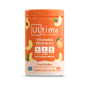 Ultima Replenisher Peach Bellini drink mix container on a white background