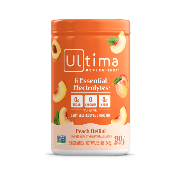 Ultima Replenisher Peach Bellini drink mix container on a white background