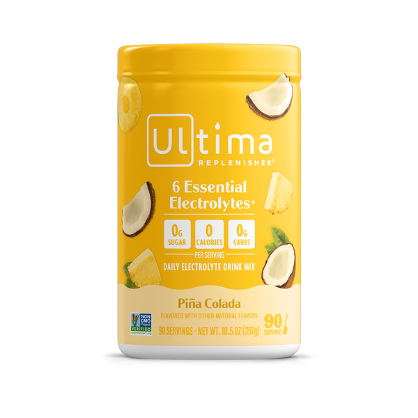 Yellow container of Ultima Replenisher Pina Colada flavor on a white background