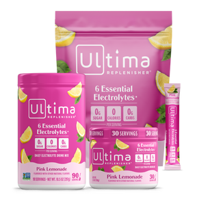 Ultima Replenisher Pink Lemonade drink mix packaging on a white background