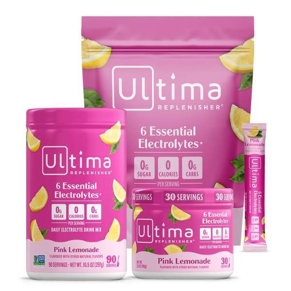 Ultima Replenisher Pink Lemonade drink mix packaging on a white background